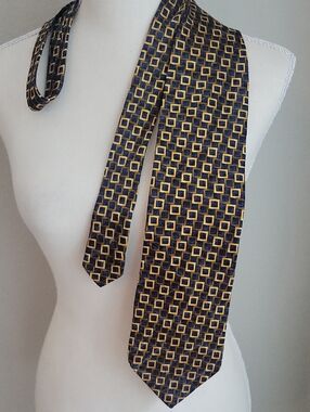 Vintage Ciro Citterio Italian Silk Tie Navy and Gold Square-Pattern